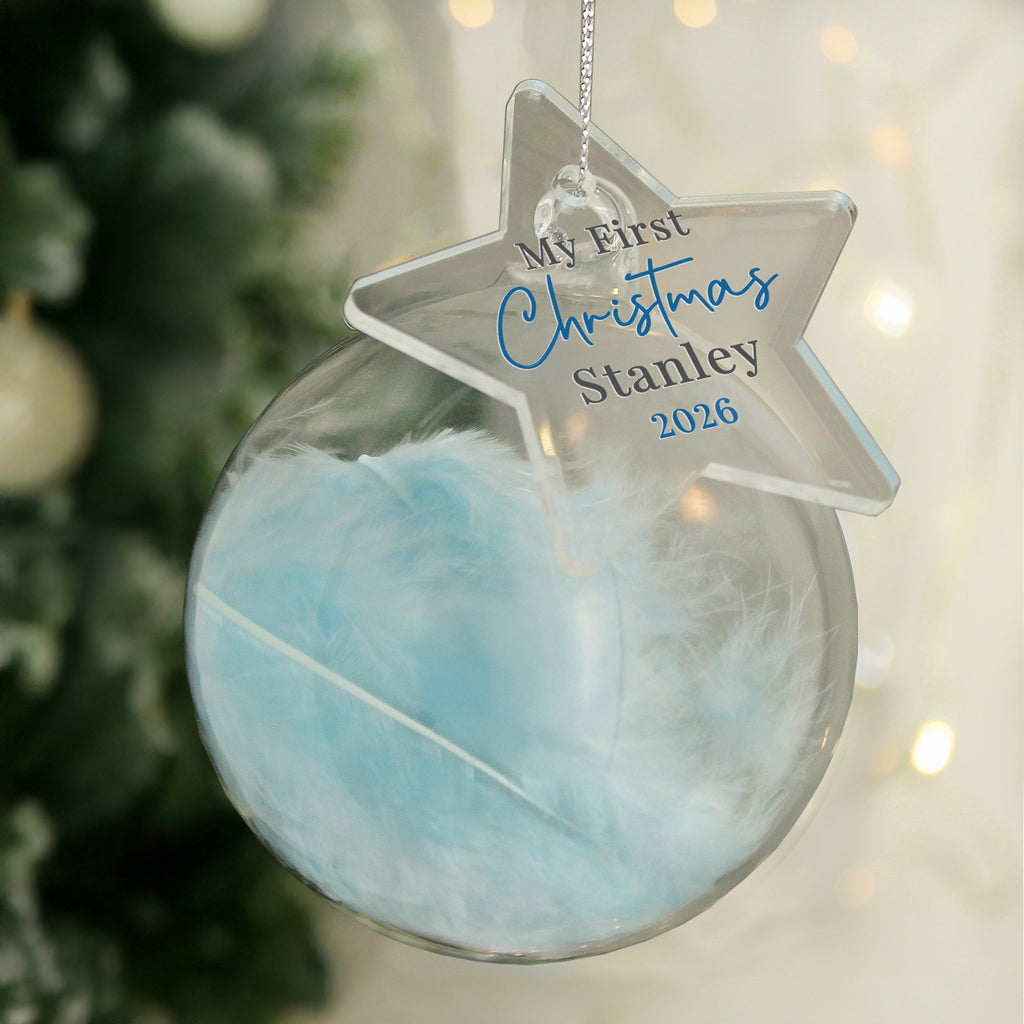 Personalised My First Christmas Blue Feather Bauble with personalised text, view 4