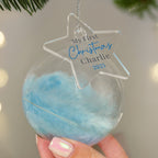 Personalised My First Christmas Blue Feather Bauble with personalised text, view 2