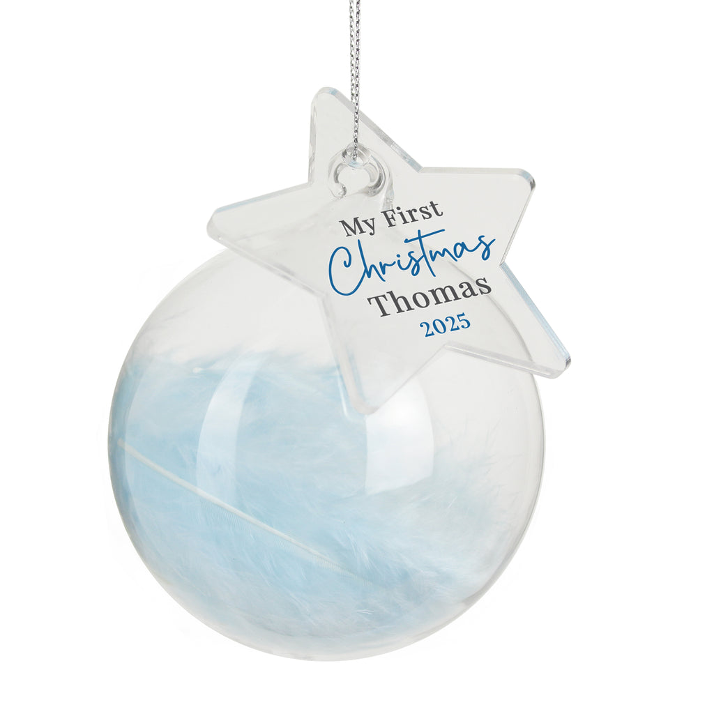 Personalised My First Christmas Blue Feather Bauble with personalised text, view 3