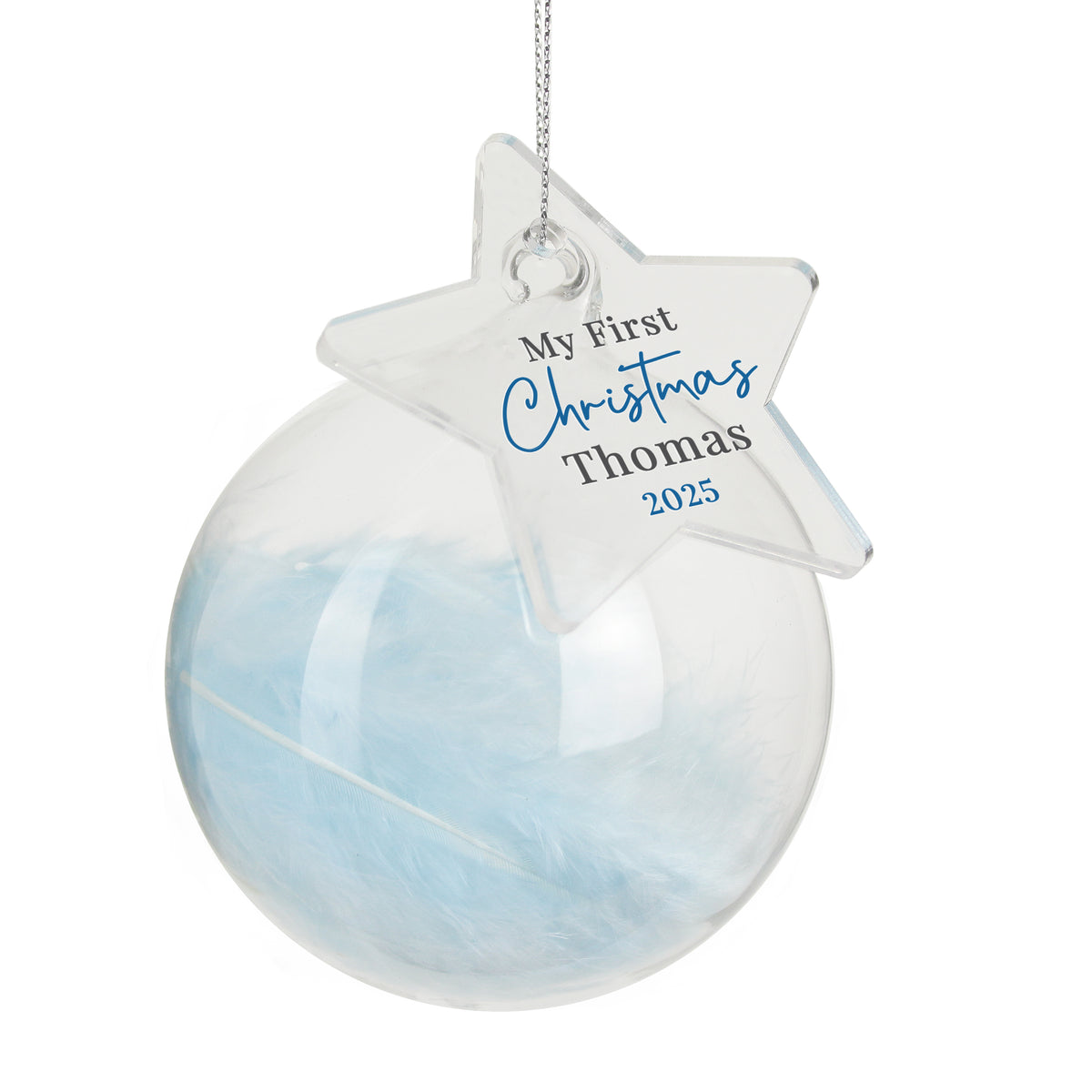 Personalised My First Christmas Blue Feather Bauble with personalised text, view 3