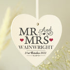 Personalised Mr & Mrs wooden heart decoration with surname and date