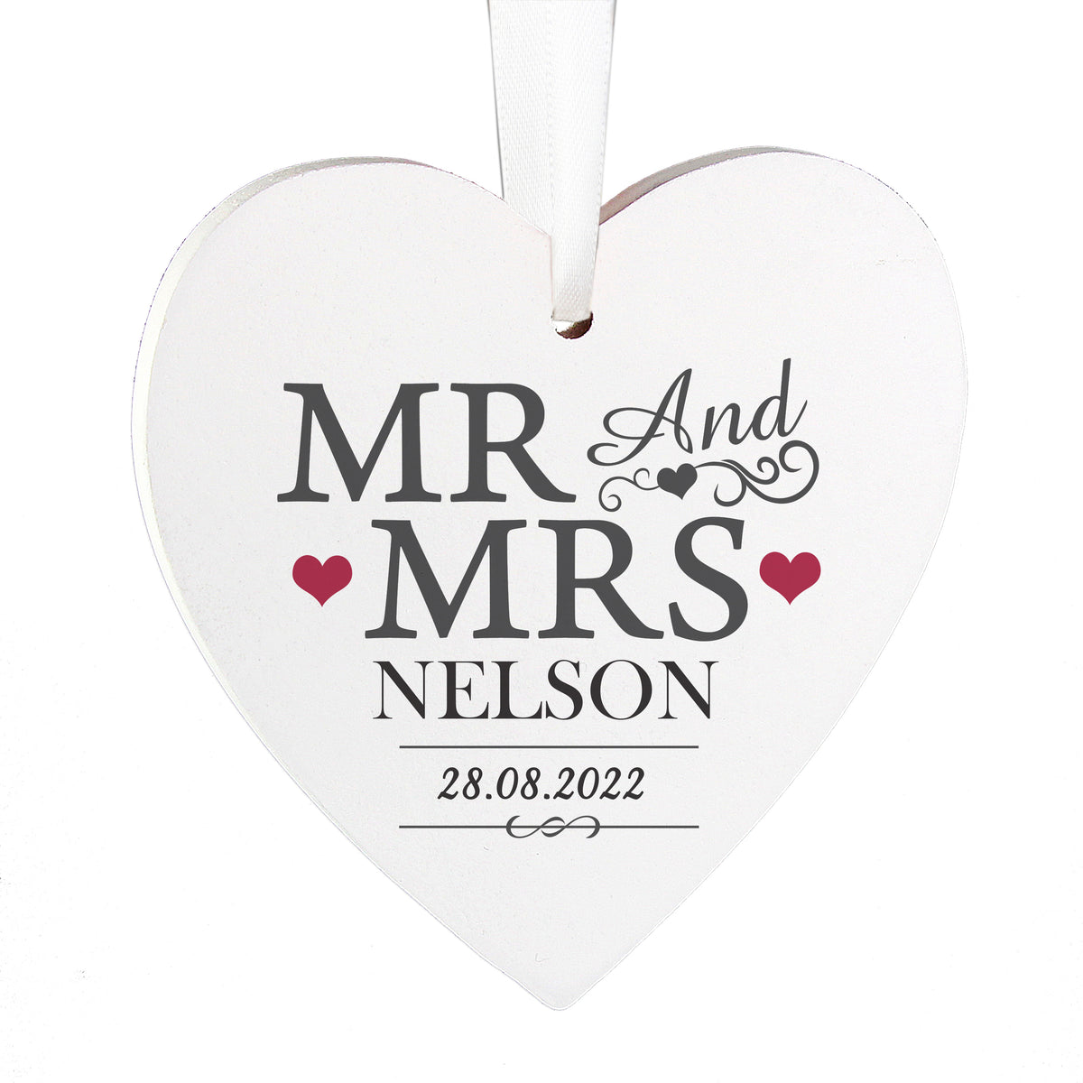 Personalised Mr & Mrs Wooden Heart Decoration with personalised text, view 2