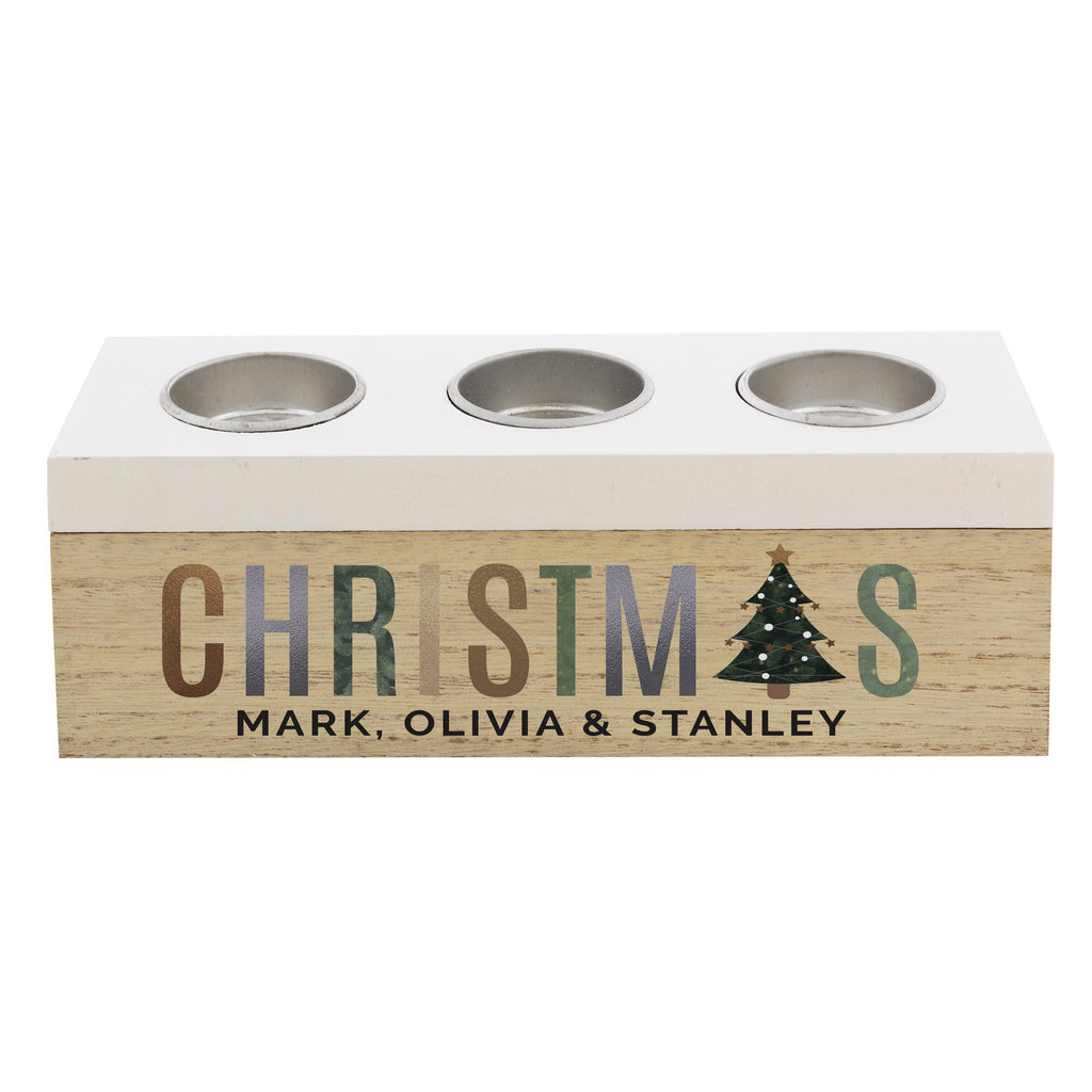 Personalised Christmas Tree Triple Tea Light Box with personalised text, view 3