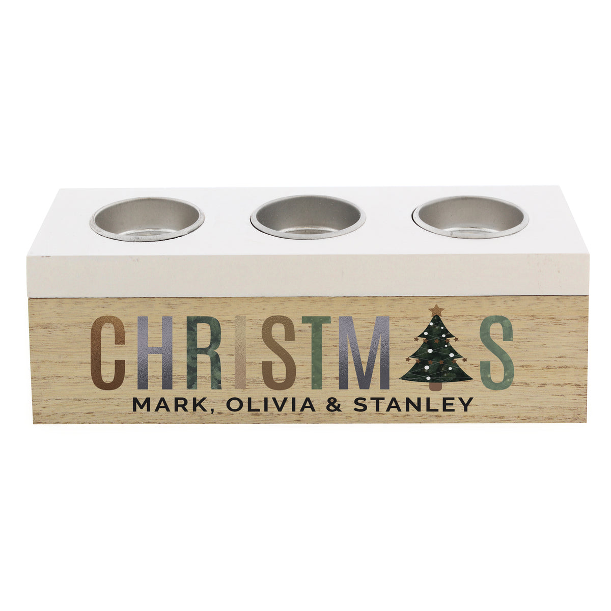 Personalised Christmas Tree Triple Tea Light Box with personalised text, view 3
