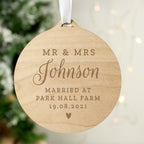 Personalised Mr & Mrs round wooden decoration with surname, venue and date