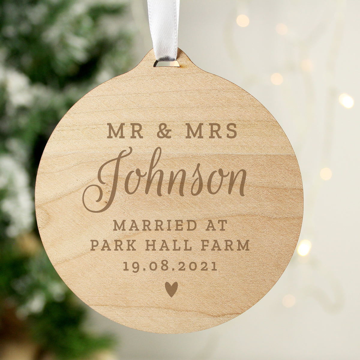 Personalised Mr & Mrs round wooden decoration with surname, venue and date