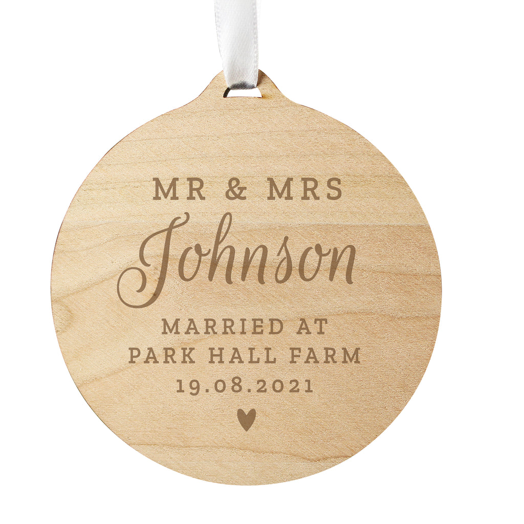 Personalised Mr & Mrs Round Wooden Decoration with personalised text, view 2