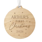 Personalised Baby's First Christmas Round Wooden Decoration with personalised text, view 2