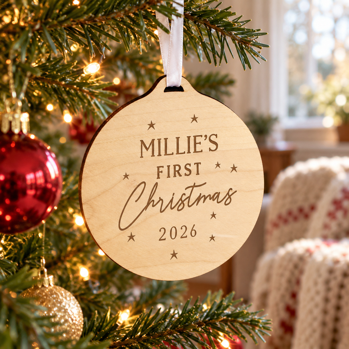 Personalised Baby's First Christmas round wooden decoration hanging on the tree