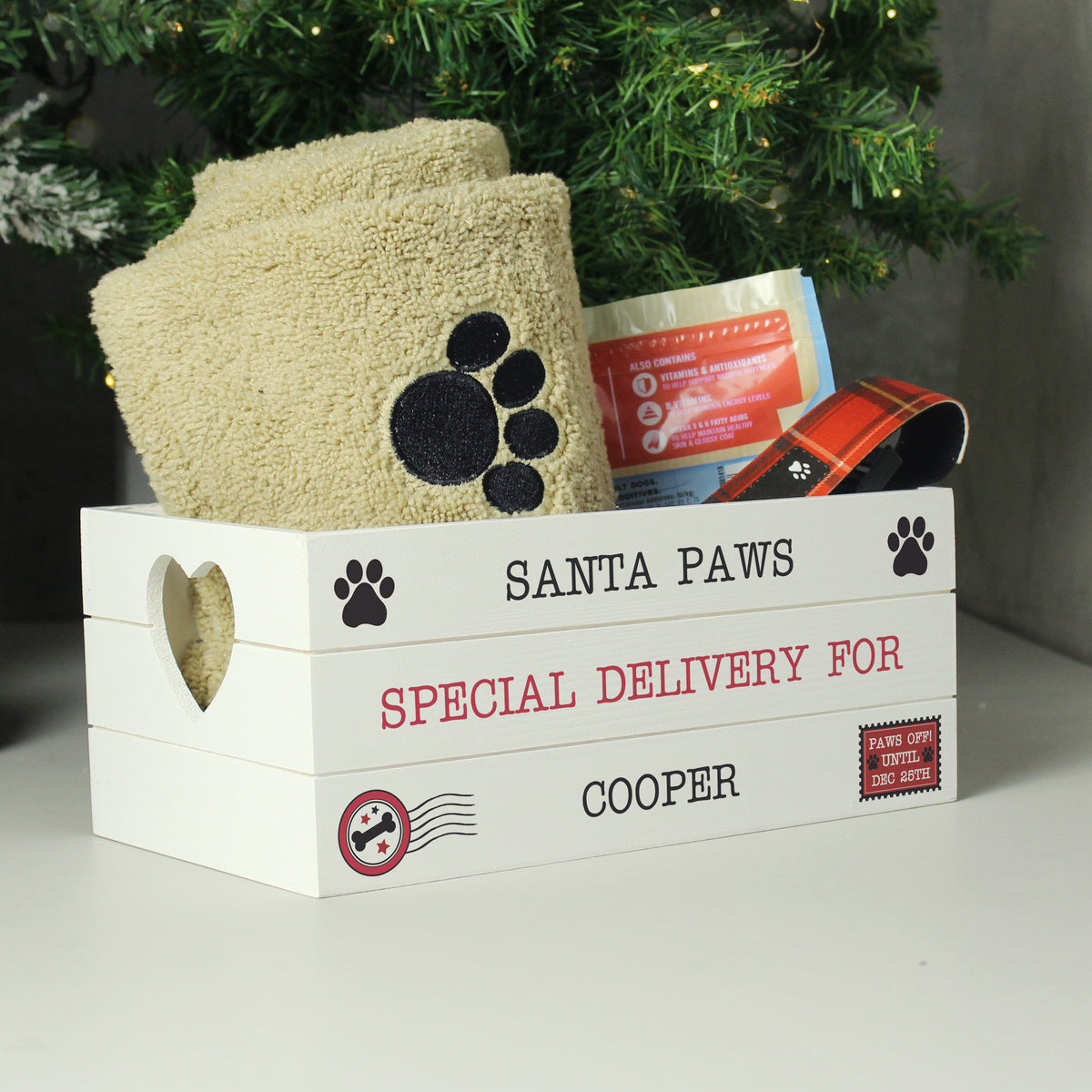 Personalised Santa Paws White Wooden Christmas Crate with personalised text, view 4