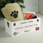 Personalised Santa Paws white wooden Christmas crate filled with dog treats and toys