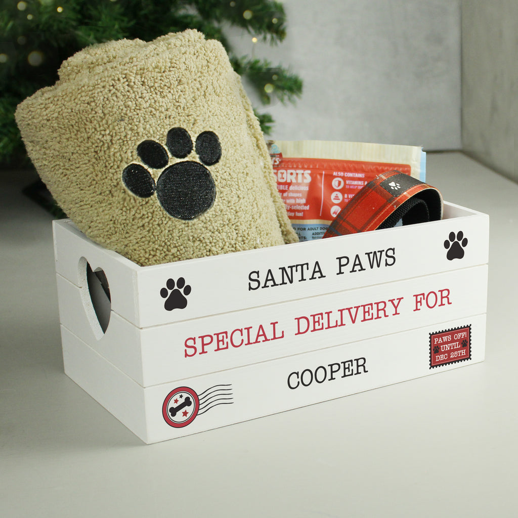 Personalised Santa Paws White Wooden Christmas Crate with personalised text, view 2
