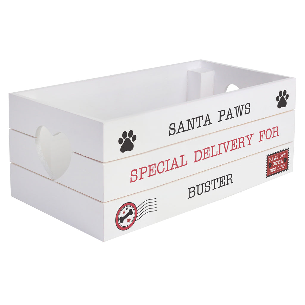 Personalised Santa Paws White Wooden Christmas Crate with personalised text, view 3