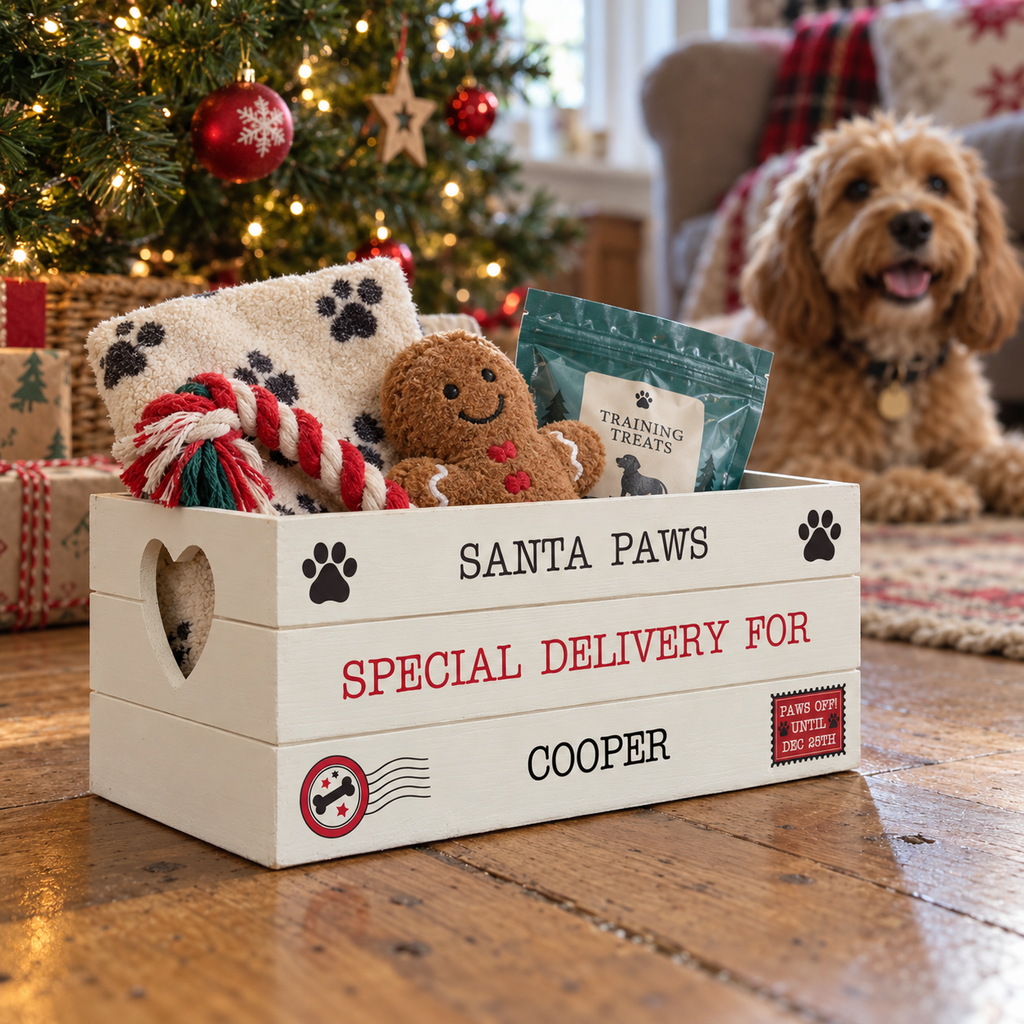 Personalised Santa Paws white wooden Christmas crate filled with dog treats and toys
