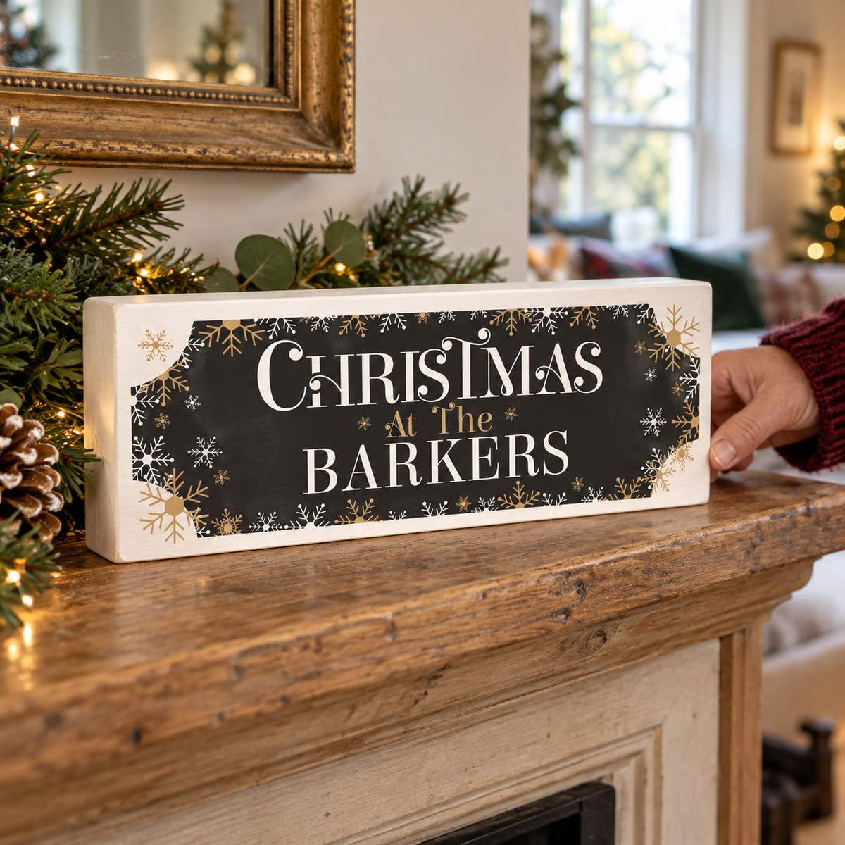 Personalised Christmas at the Family Wooden Mantel Block on a fireplace mantelpiece
