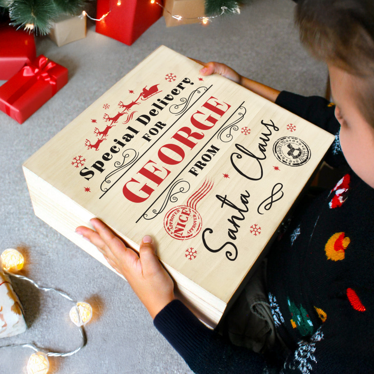 Personalised Special Delivery from Santa Claus wooden Christmas Eve box under the tree