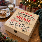 Personalised Special Delivery from Santa Christmas Eve box on a coffee table at Christmas