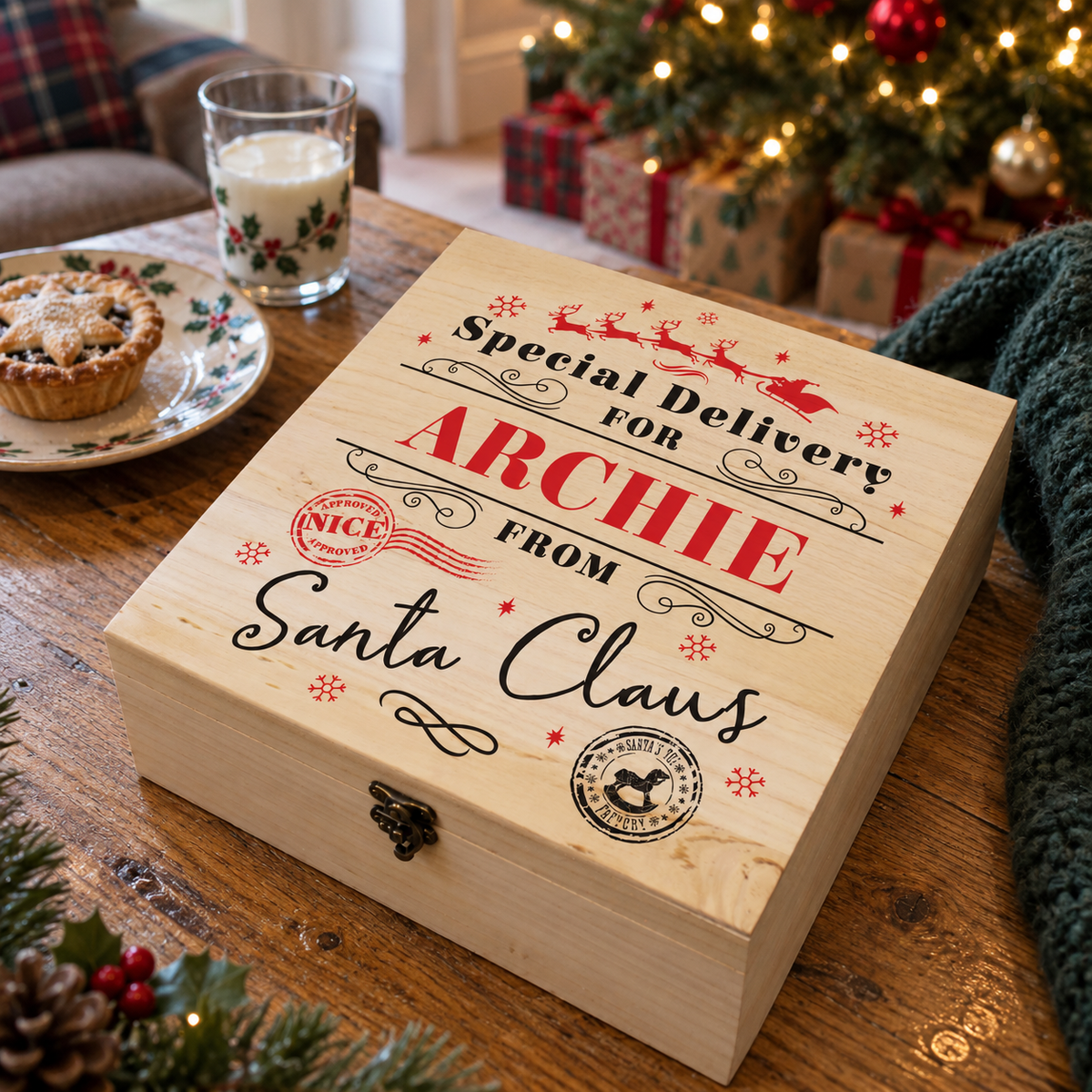 Personalised Special Delivery from Santa Christmas Eve box on a coffee table at Christmas