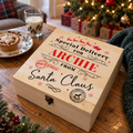 Personalised Special Delivery from Santa Claus wooden Christmas Eve box with milk and a mince pie by the tree