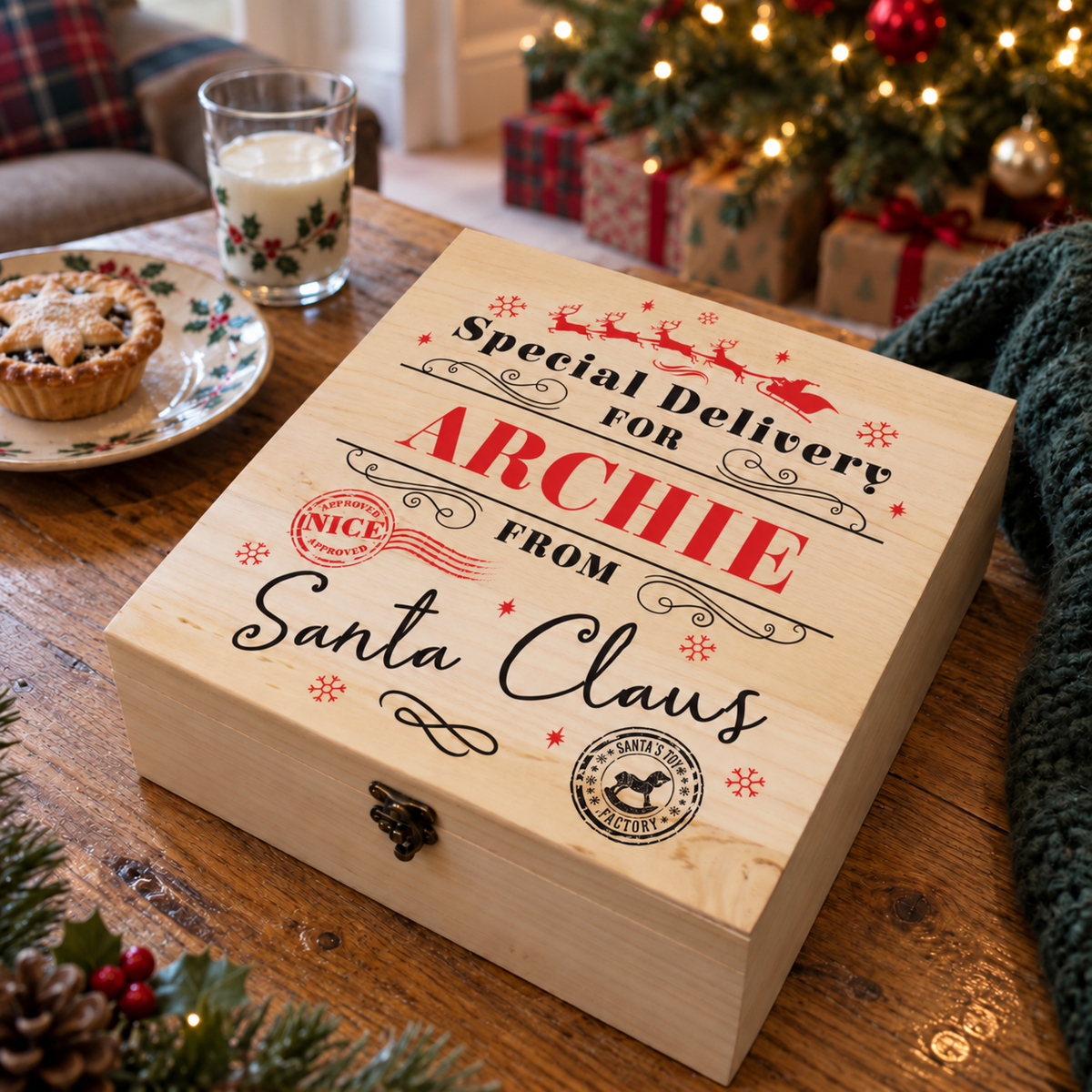 Personalised Special Delivery from Santa Claus wooden Christmas Eve box with milk and a mince pie by the tree