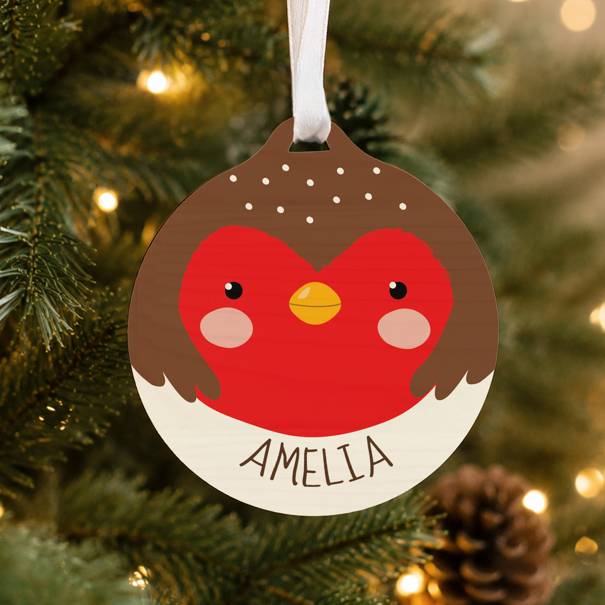 Personalised Robin Wooden Bauble with personalised text, view 4