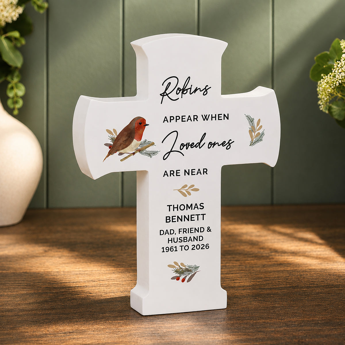 Personalised Robin Memorial Wooden Cross with personalised text, view 4