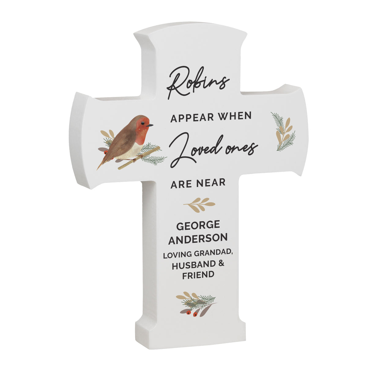 Personalised Robin Memorial Wooden Cross with personalised text, view 3