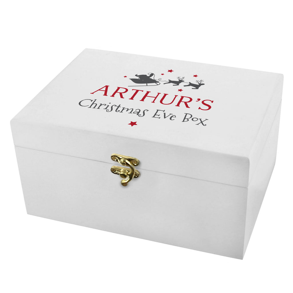 Personalised white wooden Santa sleigh Christmas Eve box with garland and lights