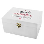 Personalised white wooden Santa sleigh Christmas Eve box with garland and lights