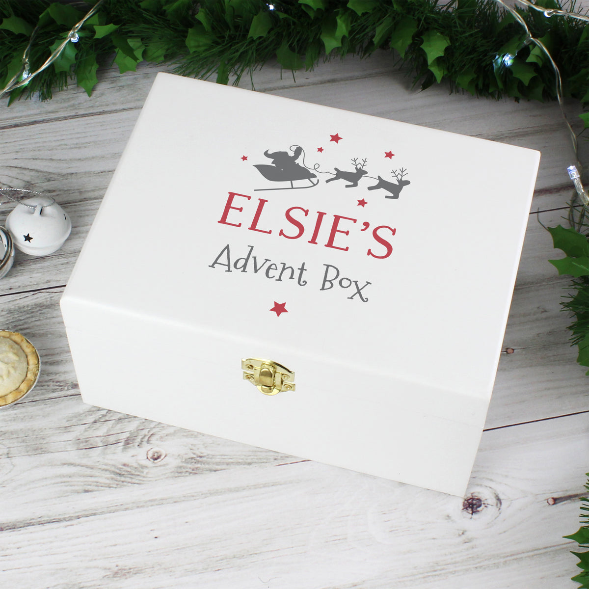 Personalised White Wooden Santa Sleigh Christmas Eve Box with personalised text, view 2