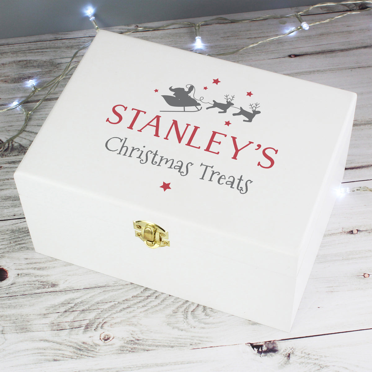 Personalised White Wooden Santa Sleigh Christmas Eve Box with personalised text, view 3