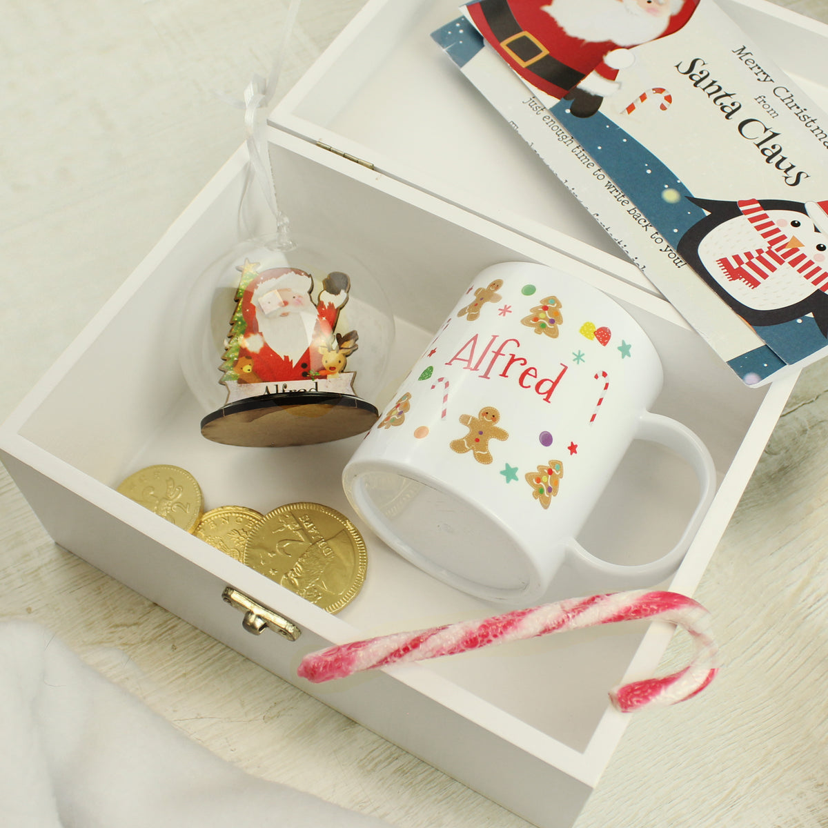 Personalised White Wooden Santa Sleigh Christmas Eve Box with personalised text, view 4