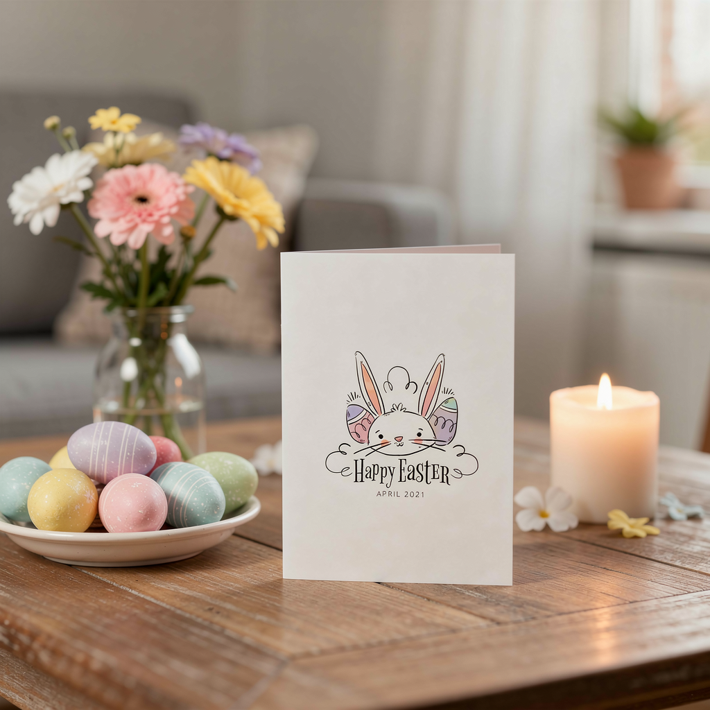 Easter card with bunny design on a table with Easter eggs and flowers.