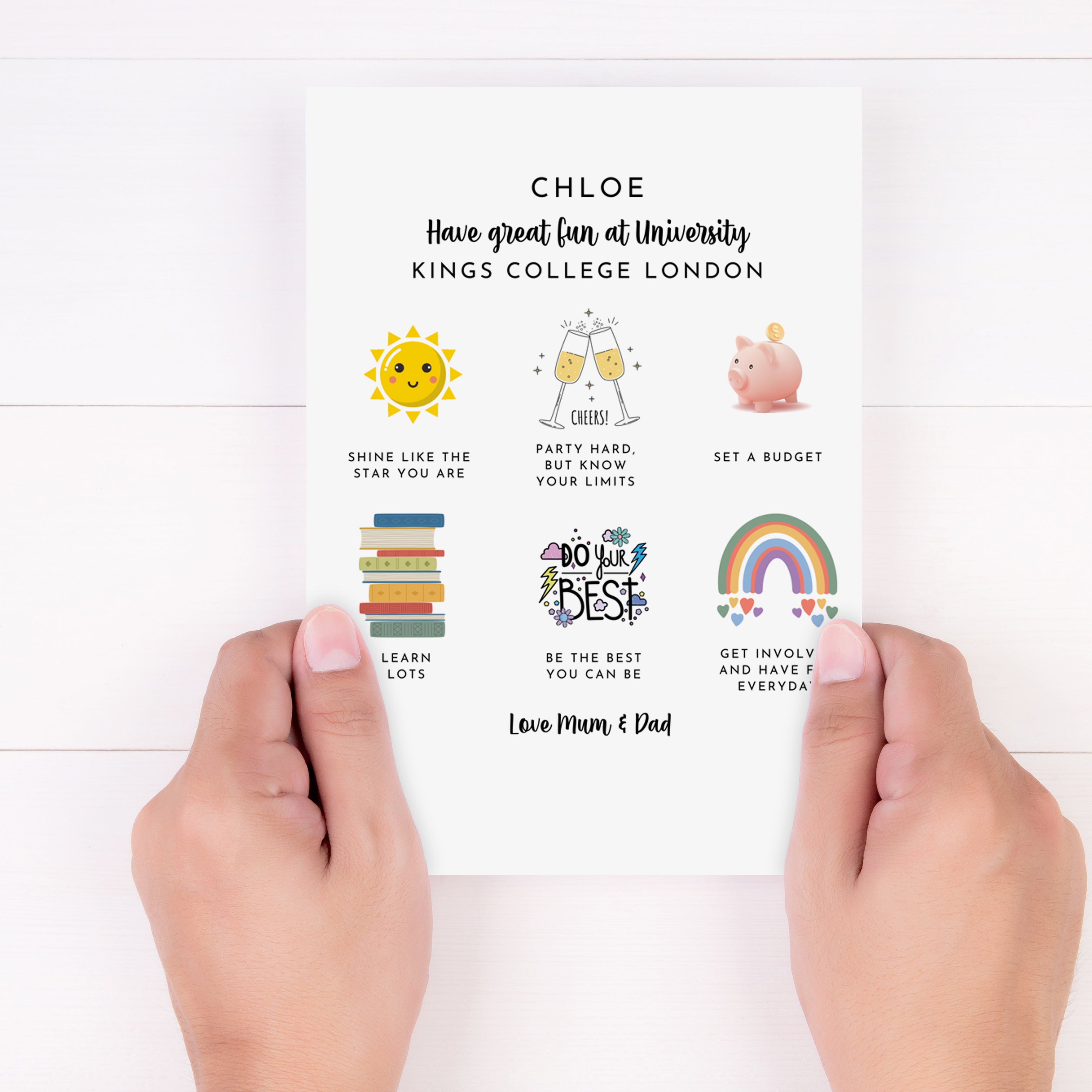 Back to University card with motivational messages, customisable with name and short message.