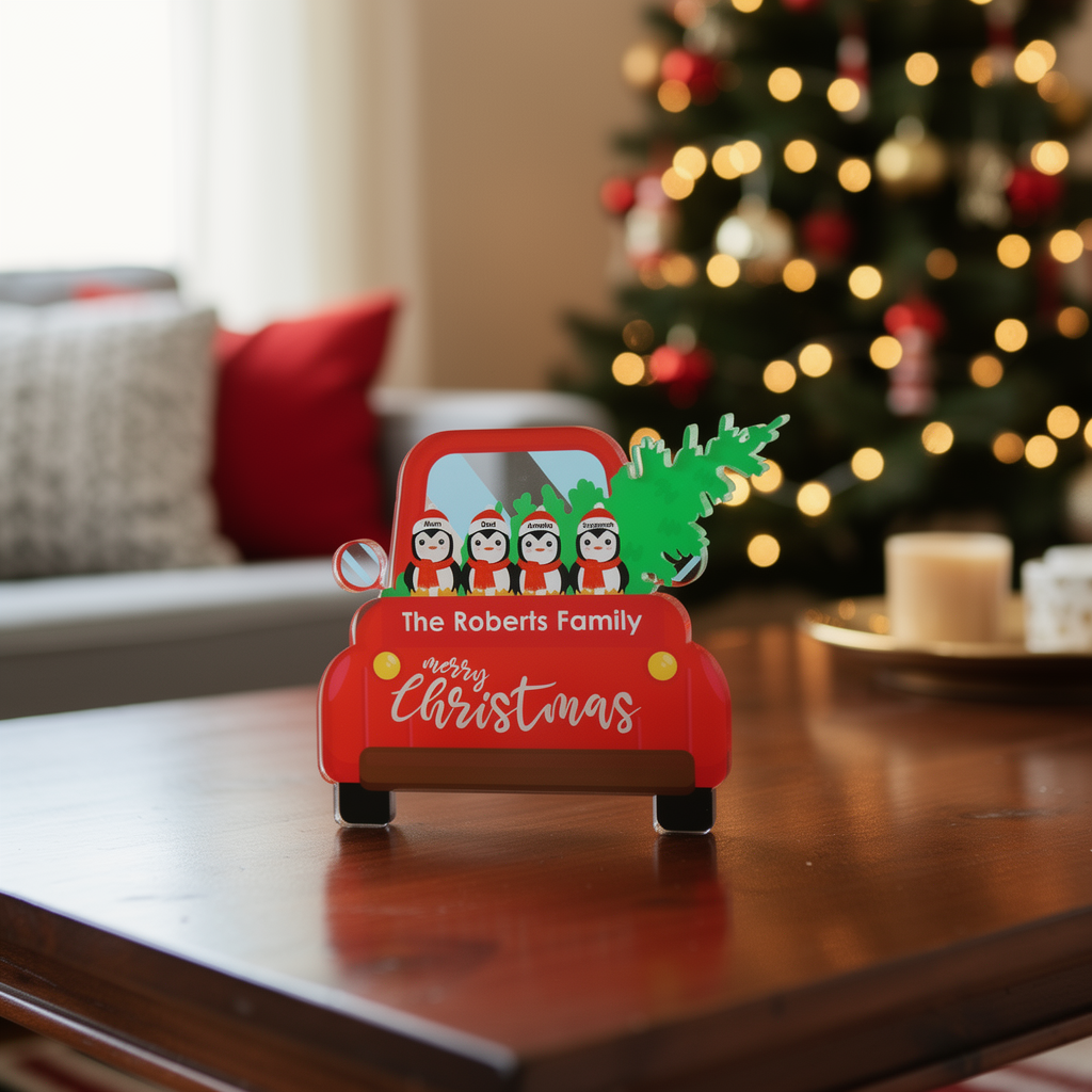 Decorative Christmas sign with 'The Roberts Family Merry Christmas' text, penguins, and a tree on a red truck in front of a Christmas tree.