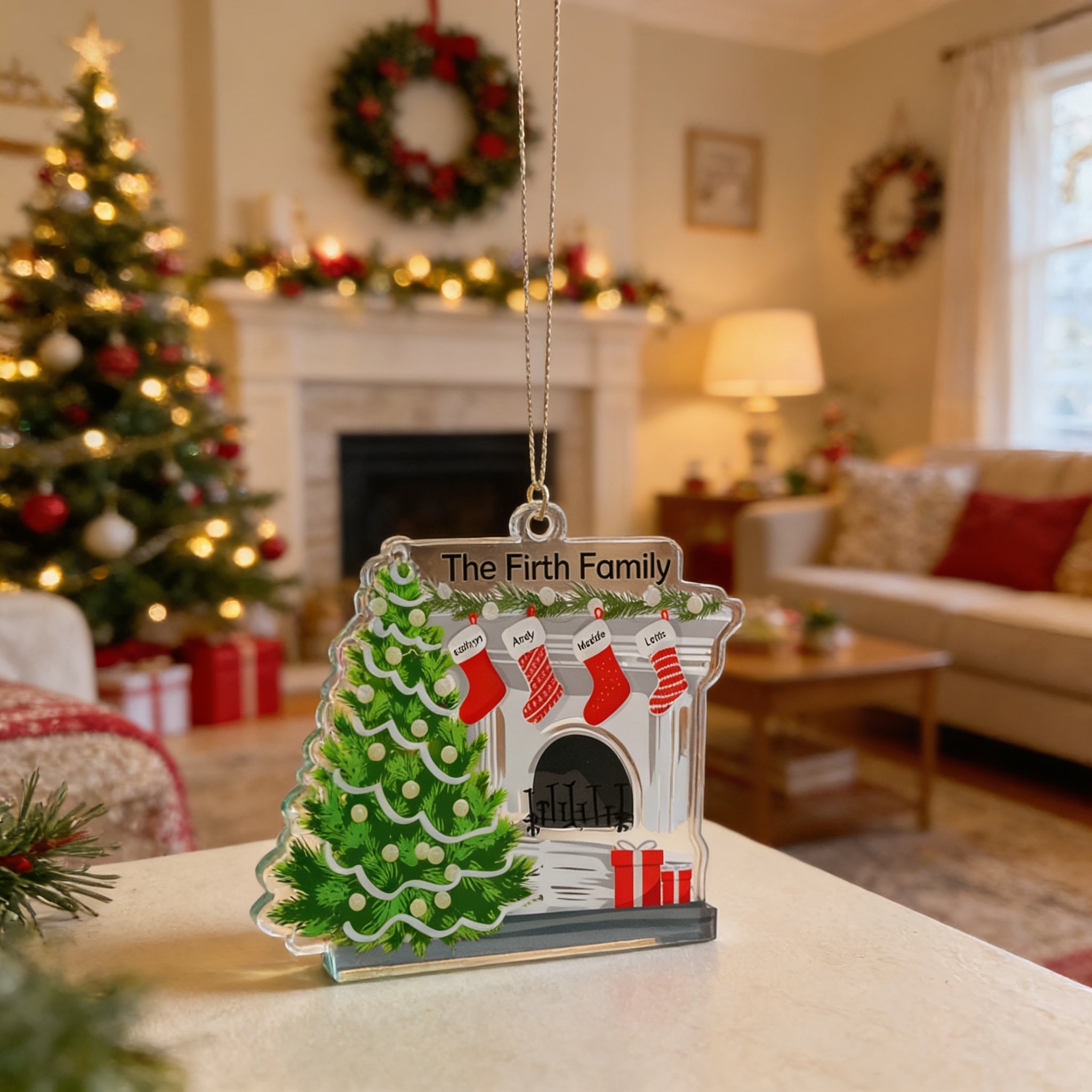 Decorative Christmas ornament with 'The Fifth Family' text, Christmas tree, stockings, and fireplace design, set against a festive living room background.