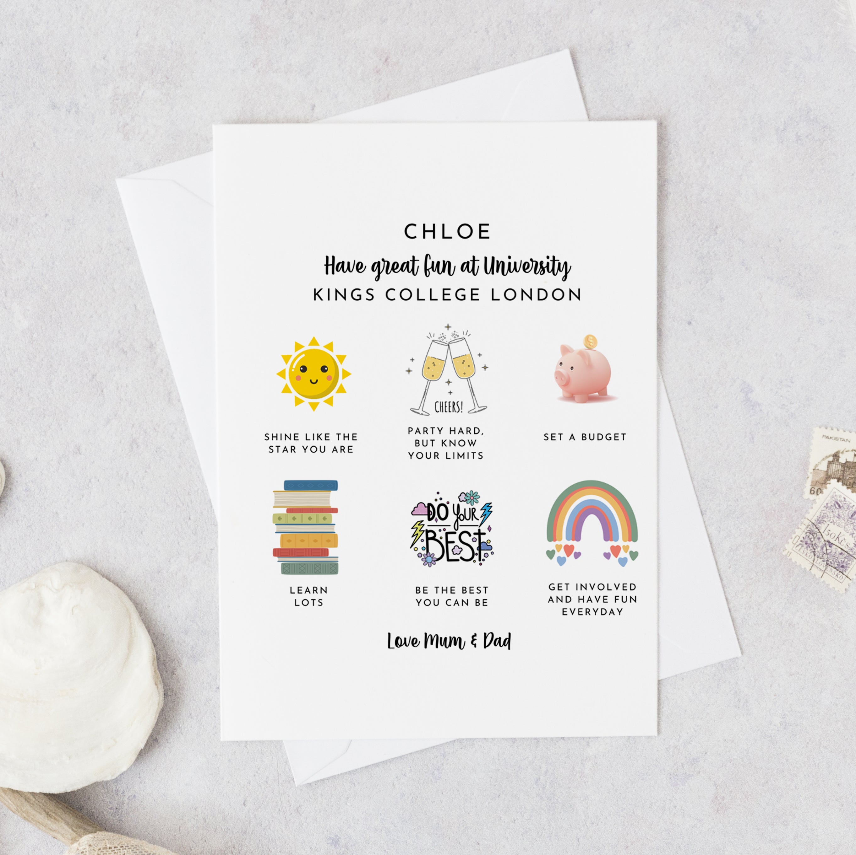 Personalised card celebrating first day at University, ideal gift from parents or friends.
