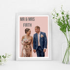 High-quality personalised wedding photo cartoon print with bold contemporary design.