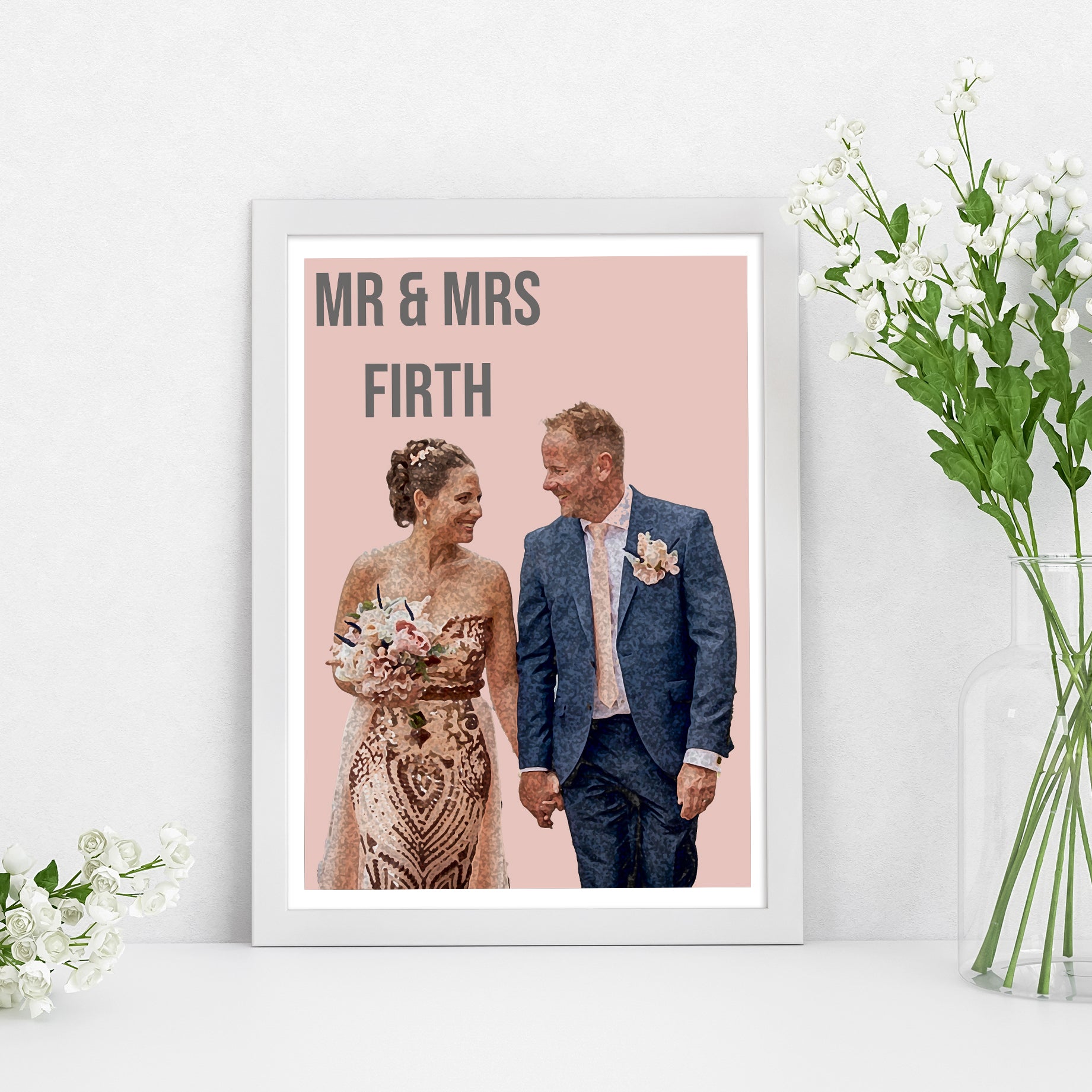 High-quality personalised wedding photo cartoon print with bold contemporary design.