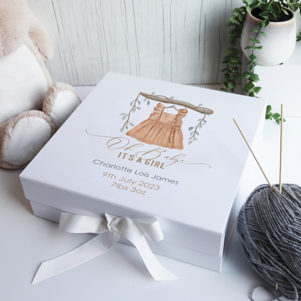 Elegant luxury baby gift box with watercolour bear design, customisable for newborns and babies.