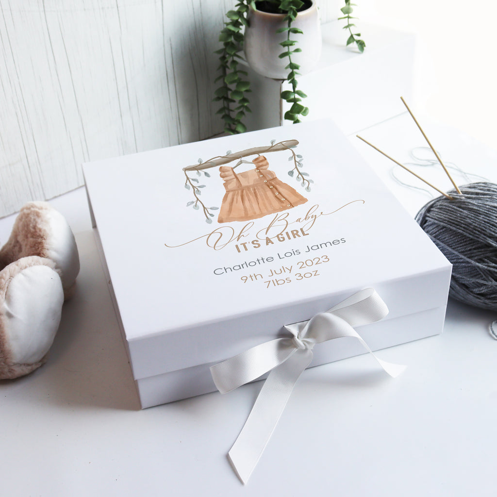 Luxury personalised baby memory box in white with hand-drawn illustration and elegant matte finish.