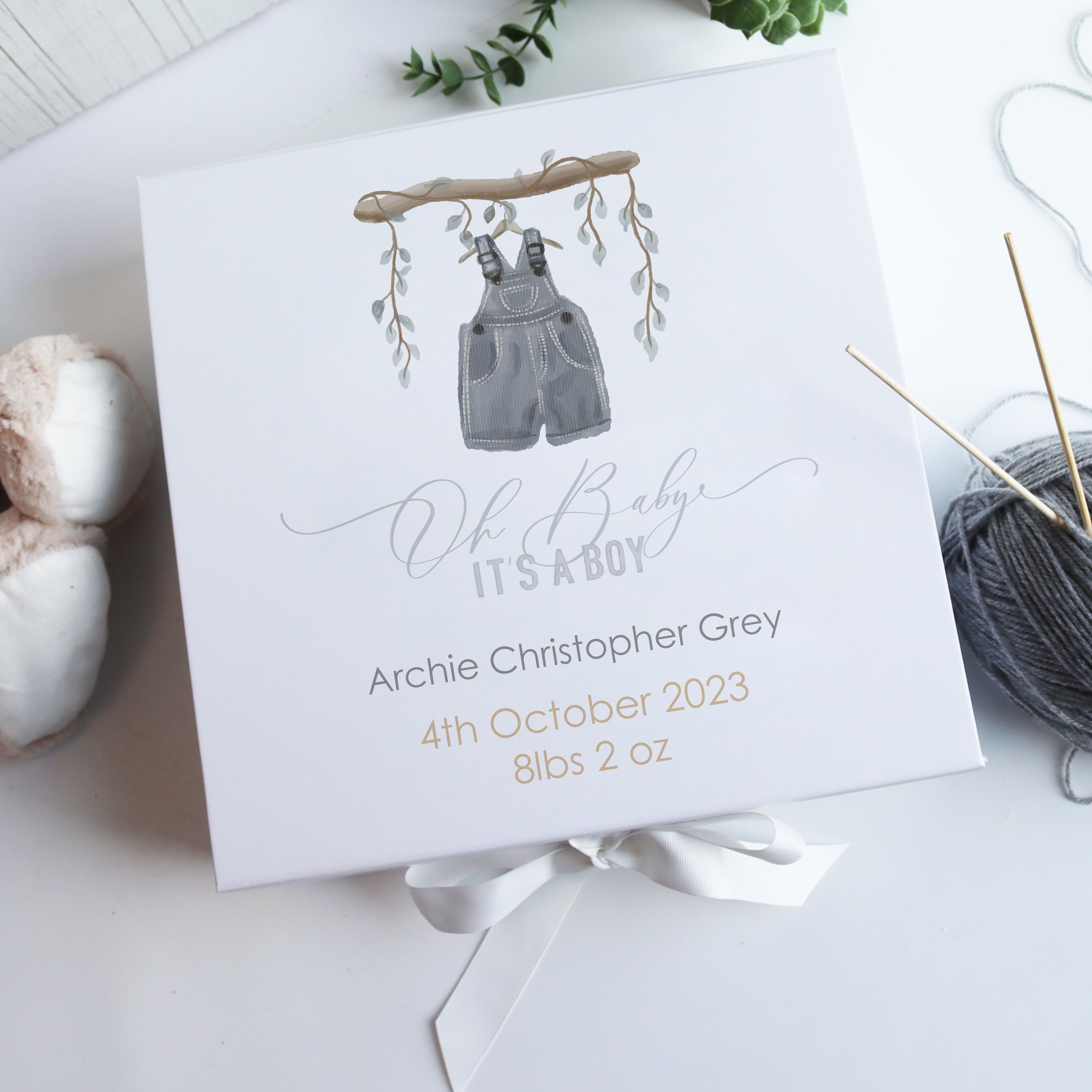 Personalised baby keepsake box with delicate hand-drawn illustration, perfect for newborn celebrations.