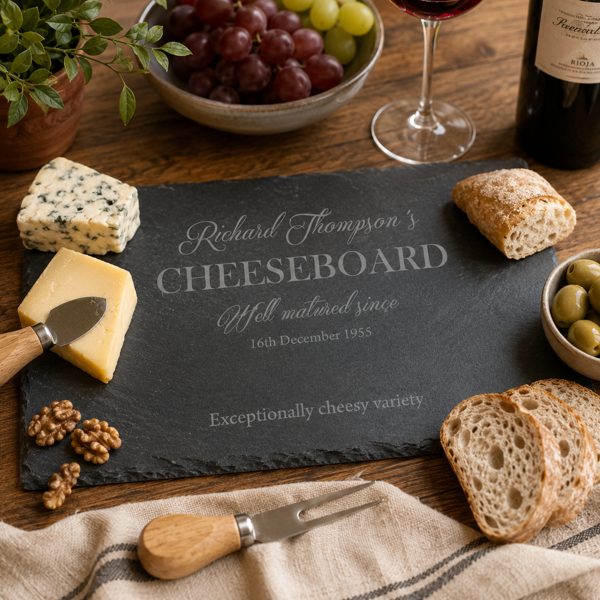 Personalised engraved slate cheeseboard styled with cheese, crackers, grapes and wine.
