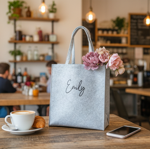 Gray tote bag with 'Emily' branding, flowers, a cup of coffee, and a croissant on a table in a cafe.