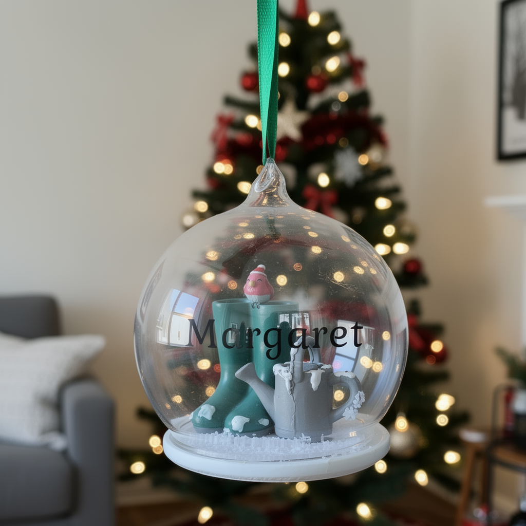 Decorative Christmas ornament with a miniature scene inside a glass ball, hanging in front of a lit Christmas tree.