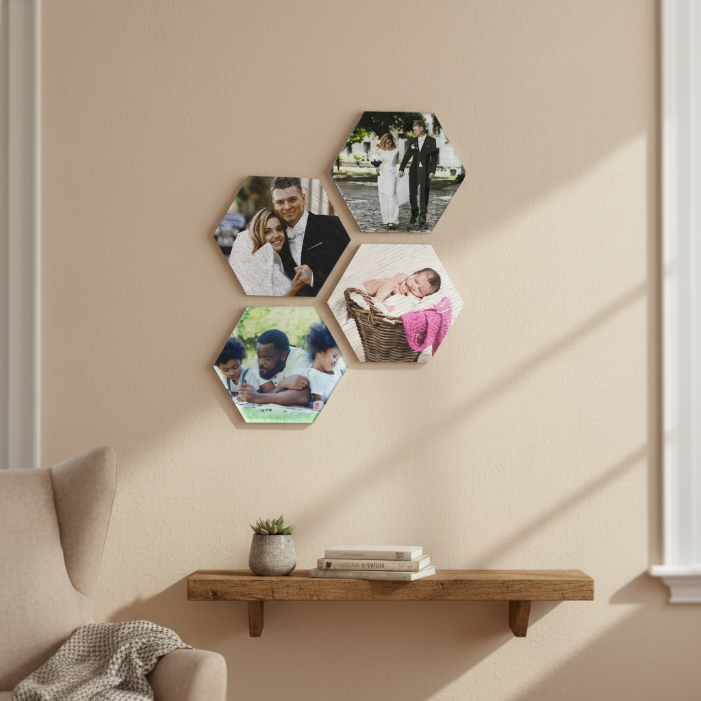 Hexagonal photo frames on a wall with family photos, a wooden bench below.
