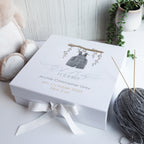Personalised newborn memory box with premium finish, hand-drawn design, and customisation options for keepsakes.