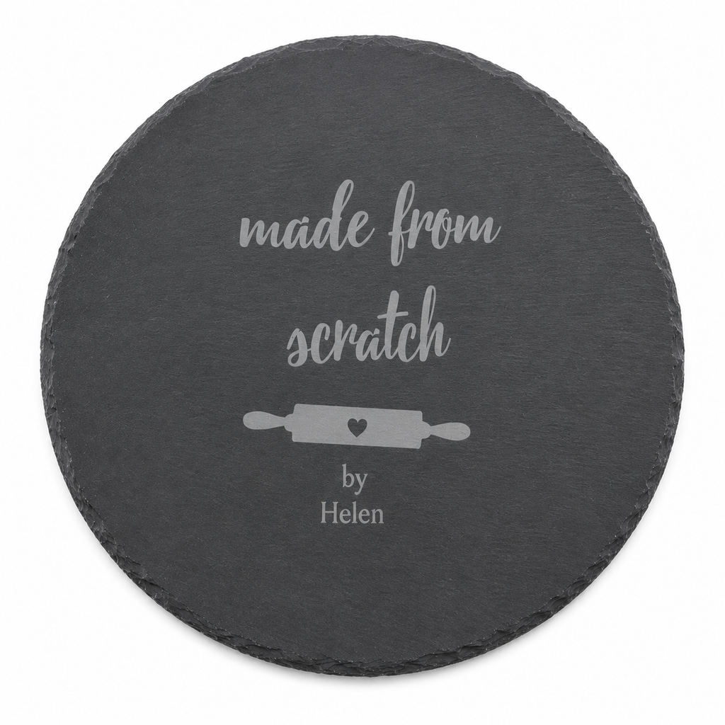 Personalised round slate baking plate with rolling pin illustration, ideal as a thoughtful gift for a keen baker.