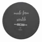 Personalised round slate baking plate with rolling pin illustration, ideal as a thoughtful gift for a keen baker.
