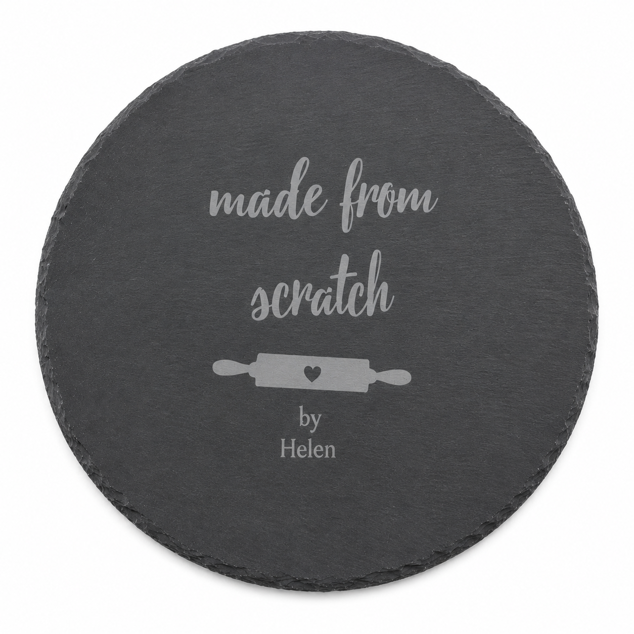 Personalised round slate baking plate with rolling pin illustration, ideal as a thoughtful gift for a keen baker.
